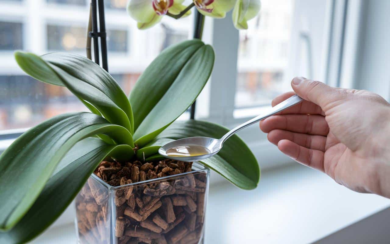 Orchidee ohne Blüten: 1 Löffel Maiswasser auf die Wurzeln, um das Wachstum wieder anzukurbeln