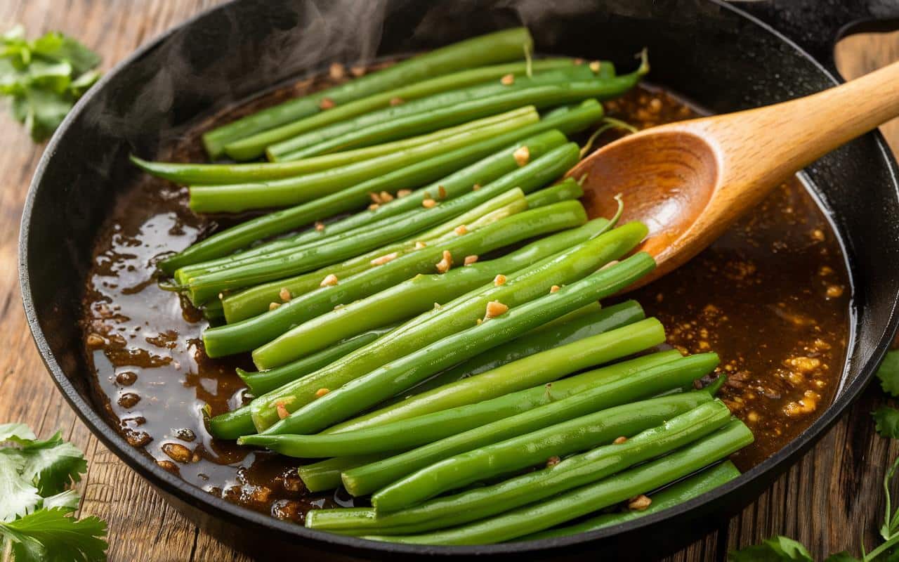 Grüne Bohnen aus der Pfanne mit Tomatenmark: schmackhafter als im Wasser gekocht