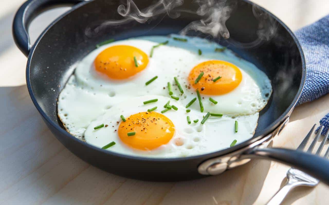 Leichtere Spiegeleier: Ich habe Butter und Öl durch einen Löffel Wasser ersetzt